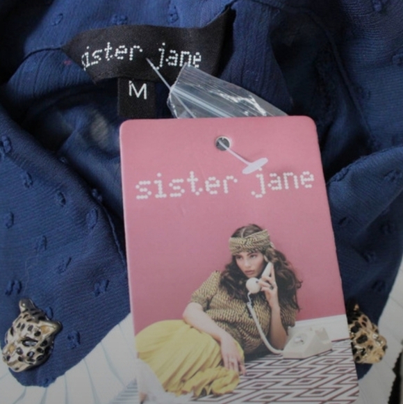 NEW Sister Jane Blue Swiss Polka Dot Bow Button Collared Blouse Shirt Medium - Picture 4 of 7